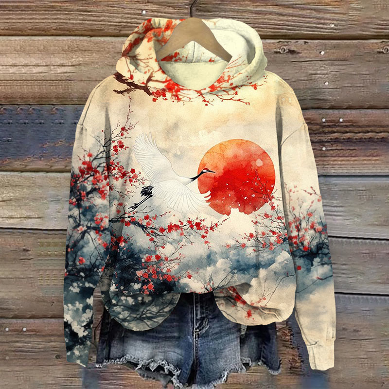 Japanese Style Sunset Crane Flower Art Print Long Sleeve Hoodie - Multicolor - 8XL - image 1