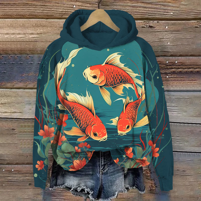 Retro Japanese Goldfish Art Print Long Sleeve Hoodie - Blue - 8XL - image 1