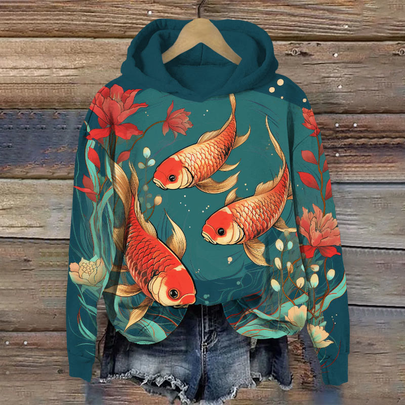 Retro Goldfish & Flowers Art Print Long Sleeve Hoodie - Blue - 8XL - image 1