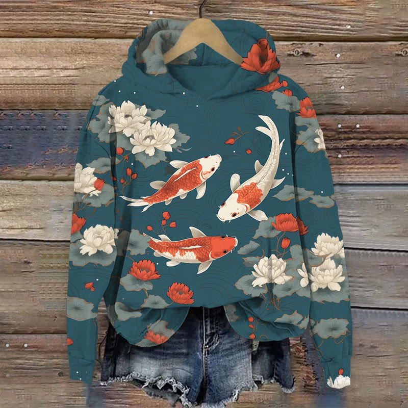 Vintage Goldfish Surrounded By Water Lily Print Long Sleeve Hoodie - Blue - 8XL - image 1