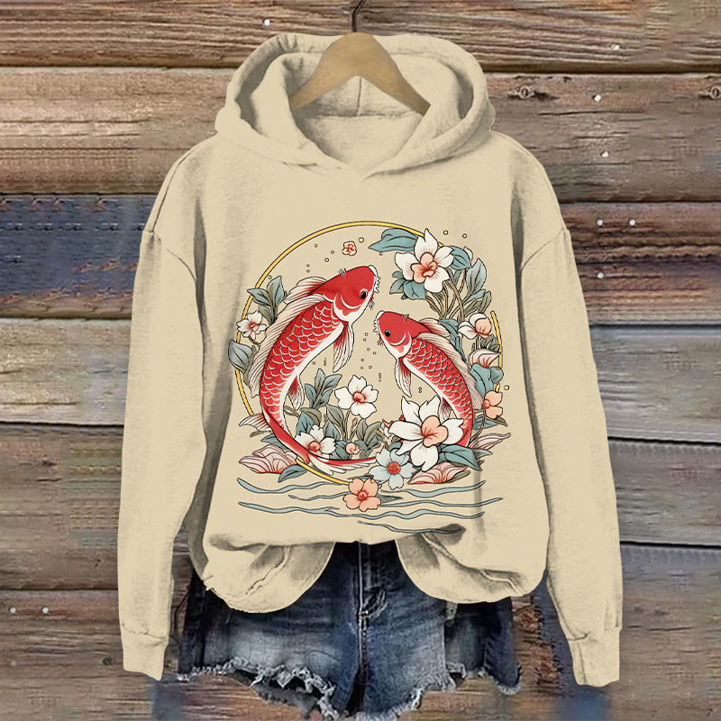 Vintage Goldfish In Floral Circle Print Long Sleeve Hoodie - Apricot - 8XL - image 1