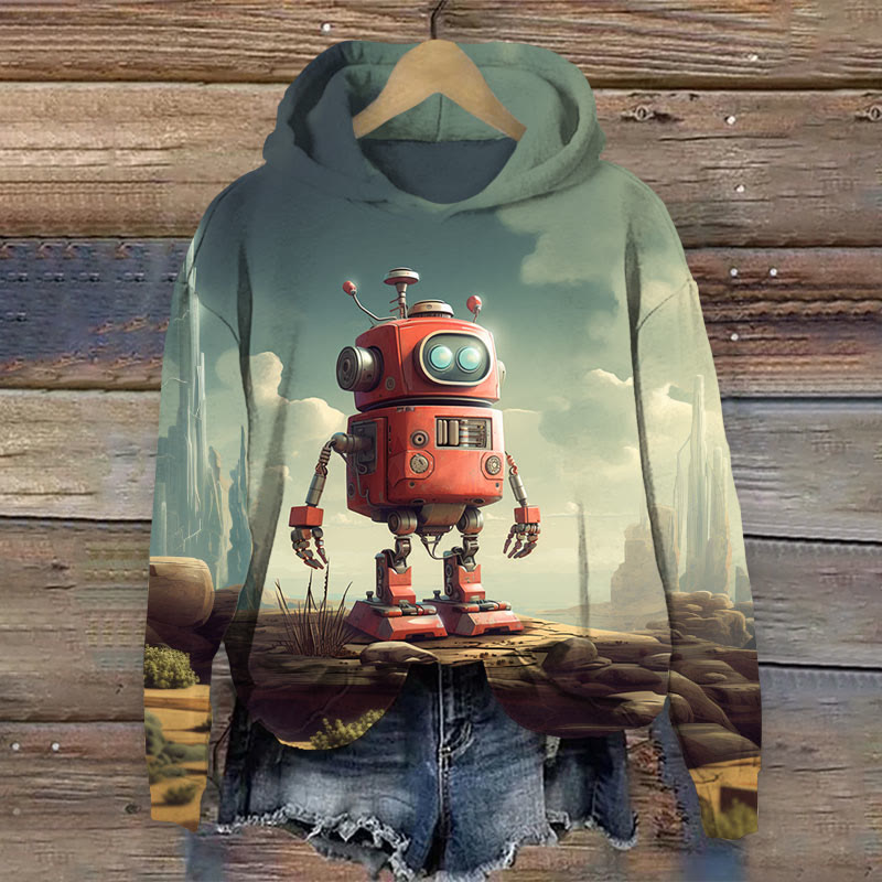Vintage Cute Robot Pattern Print Long Sleeve Hoodie - Multicolor - 8XL - image 1