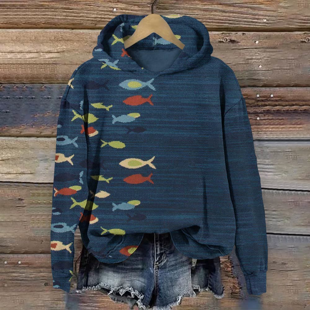 Vintage Contrasting Fish Print Long Sleeve Hoodie - Blue - 8XL - image 1