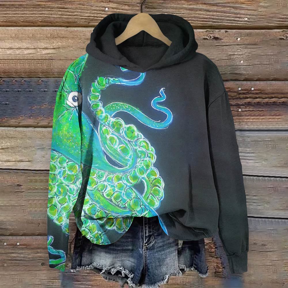 Creative Contrast Color Octopus Print Long Sleeve Hoodie - Black - 8XL - image 1