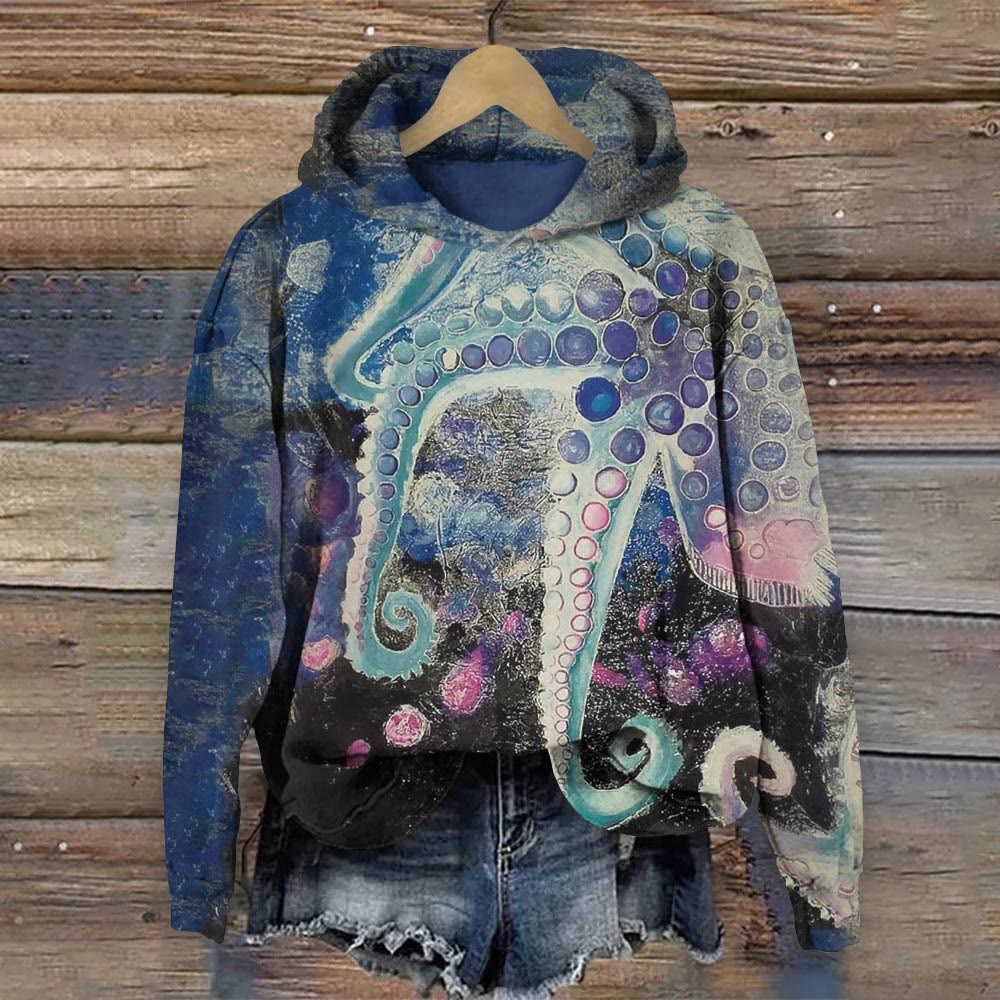 Retro Contrasting Octopus Tentacles Print Long Sleeve Hoodie - Multicolor - 8XL - image 1