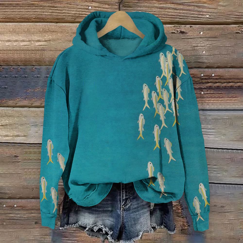 Vintage Simple Fish Print Long Sleeve Hoodie - Lake Blue - 8XL - image 1