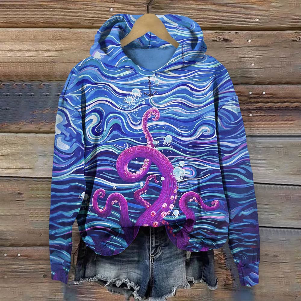 Oil Painted Octopus Tentacles Reaching Towards Anchor Print Long Sleeve Hoodie - Blue - 8XL - image 1