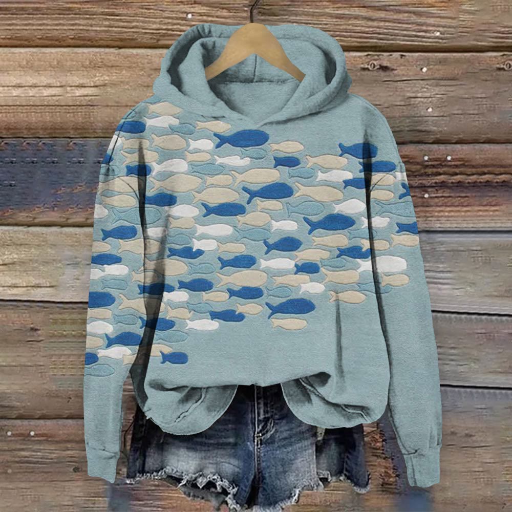 Vintage Creative Fish Print Long Sleeve Hoodie - Blue - 8XL - image 1