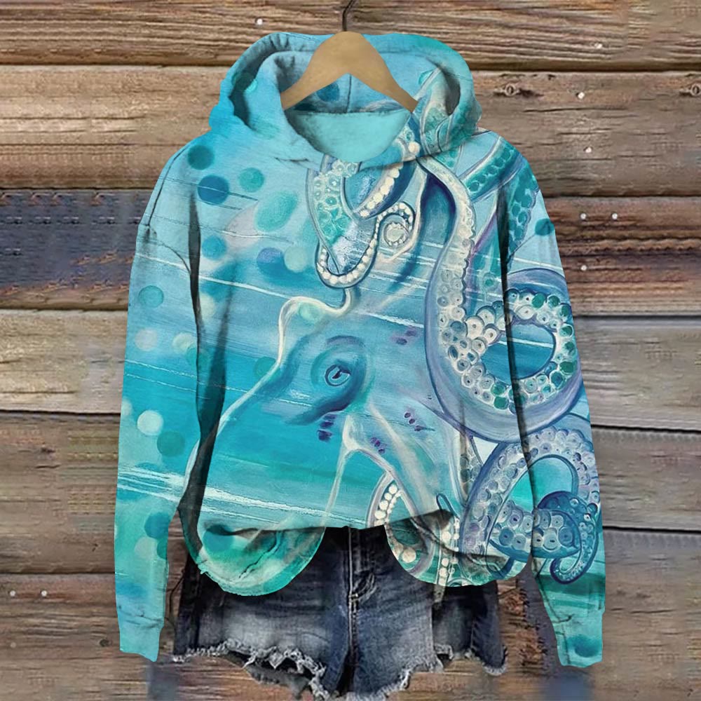 Oil Painting Polka Dot Octopus Print Long Sleeve Hoodie - Blue - 8XL - image 1