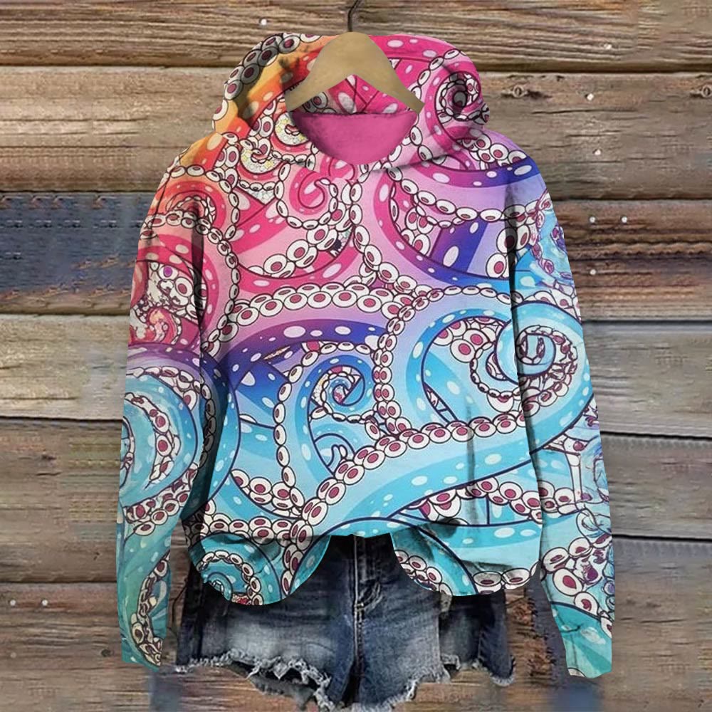 Rainbow Ombre Octopus Tentacles Print Long Sleeve Hoodie - Multicolor - 8XL - image 1