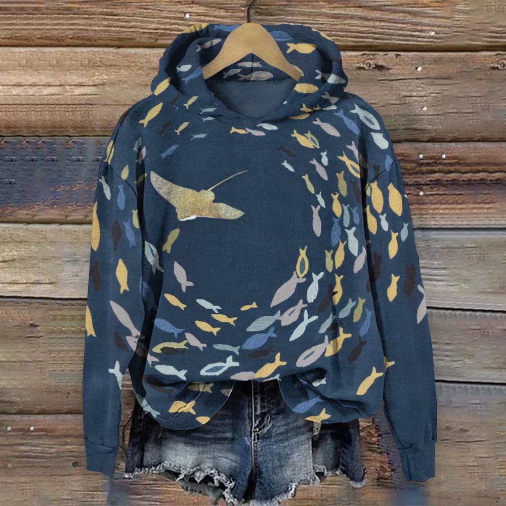 Ray Chasing Fish Print Long Sleeve Hoodie - Dark Blue - 8XL - image 1