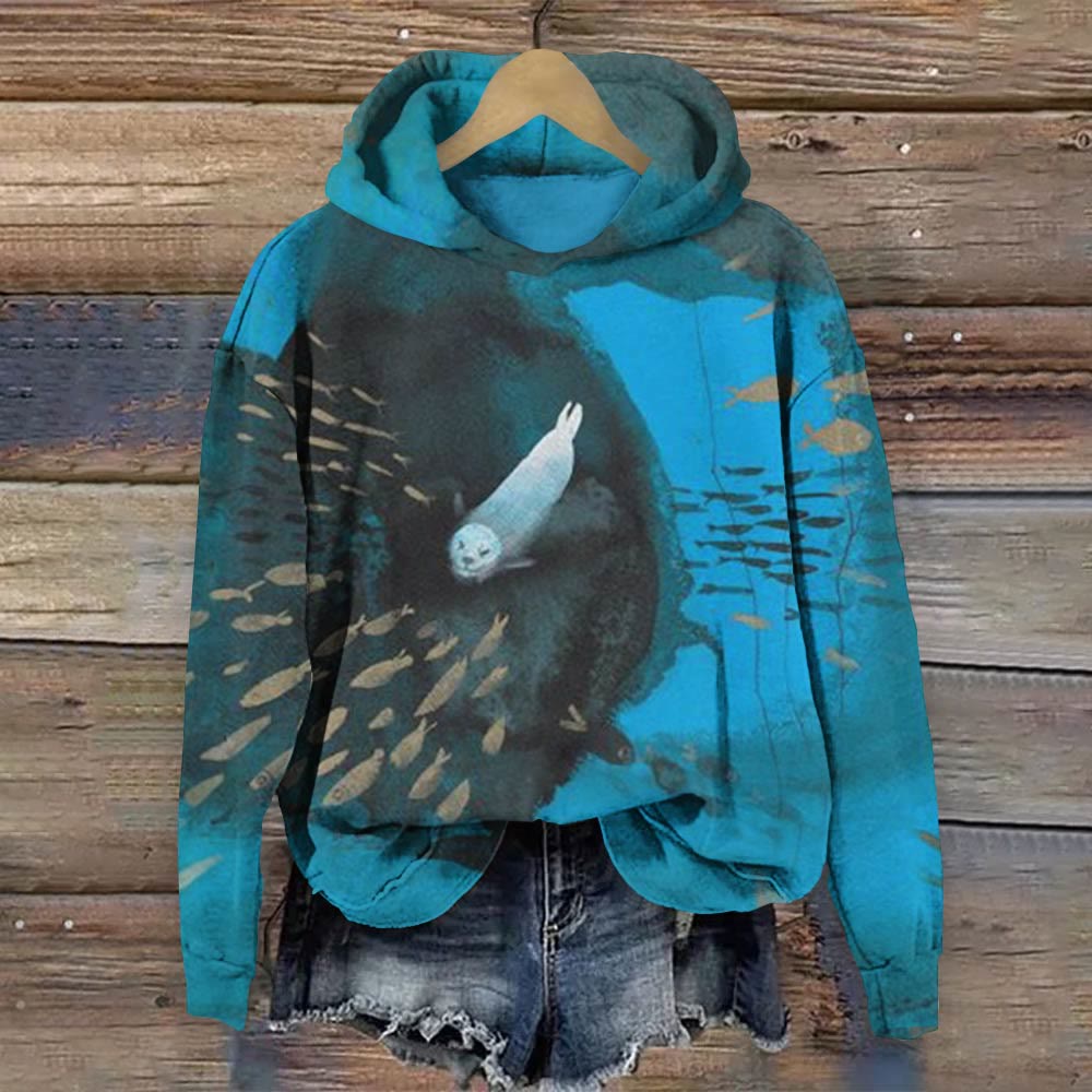 Seal Chasing A School Of Fish Print Long Sleeve Hoodie - Blue - 8XL - image 1