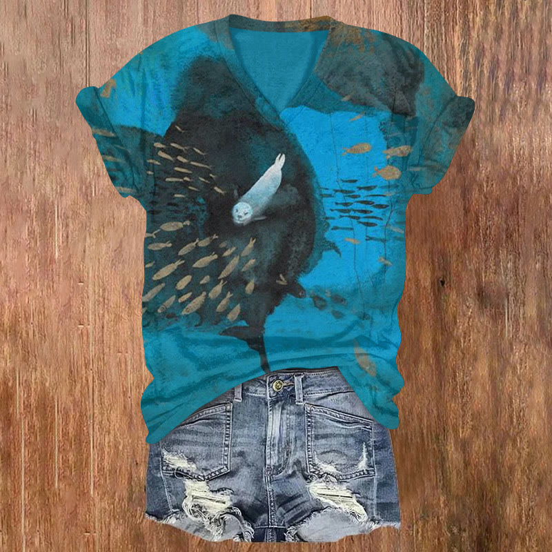 Seal Chasing A School Of Fish Print T-shirt - Blue - 5XL - image 1