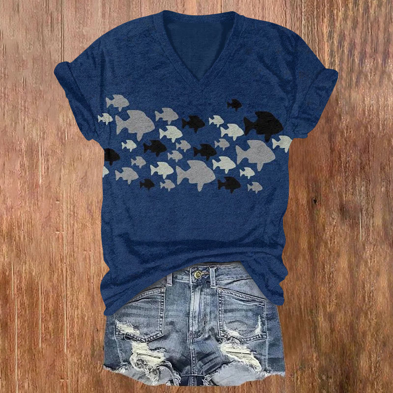 Contrast Fish Retro Print T-shirt - Navy Blue - 5XL - image 1