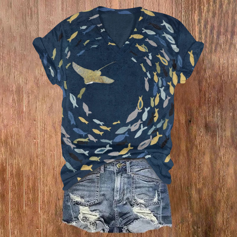 Ray Chasing Fish Print T-shirt - Dark Blue - 5XL - image 1