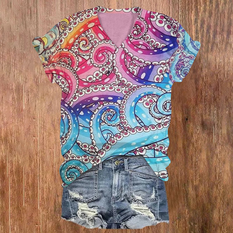 Rainbow Ombre Octopus Tentacles Print T-shirt - Multicolor - 5XL - image 1