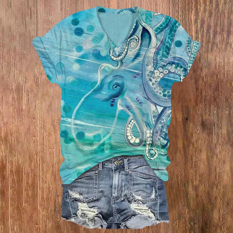 Oil Painting Polka Dot Octopus Print T-shirt - Blue - 5XL - image 1