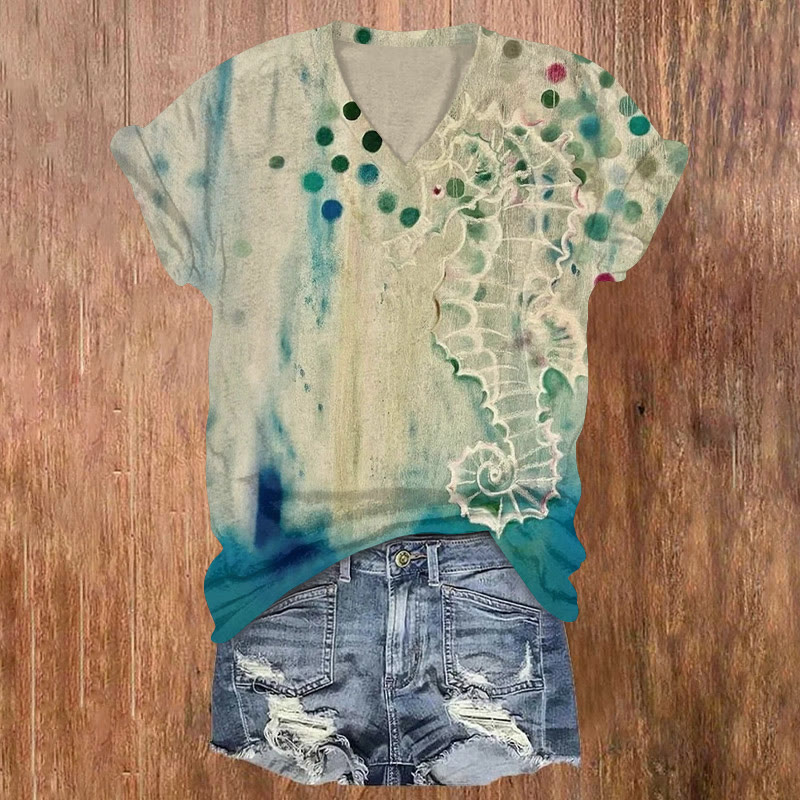 Seahorse Hidden In Bubbles Of Paint Print T-shirt - Apricot - 5XL - image 1