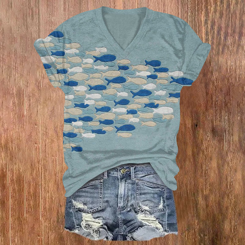 Vintage Creative Fish Print T-shirt - Blue - 5XL - image 1