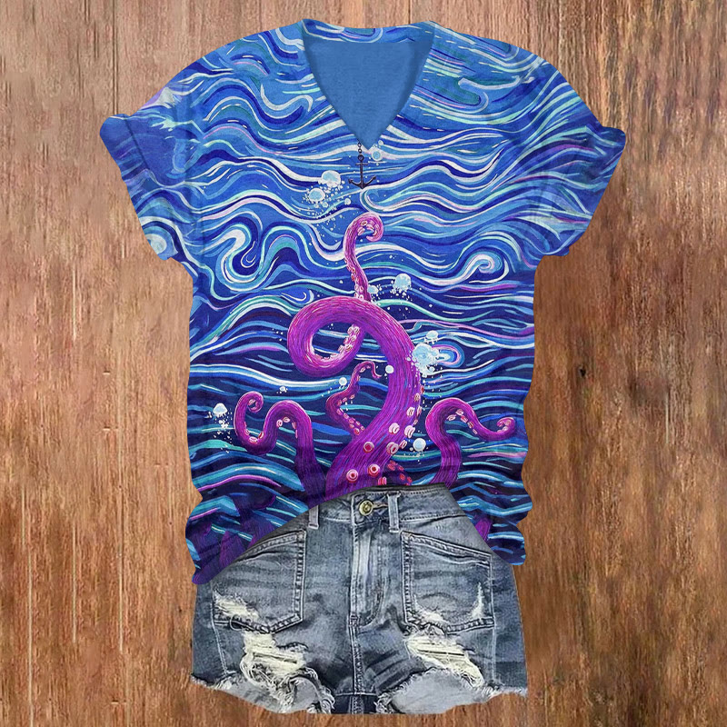 Oil Painted Octopus Tentacles Reaching Towards Anchor Print T-shirt - Blue - 5XL - image 1