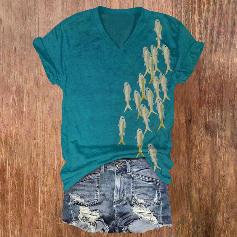 Vintage Simple Fish Print T-shirt - Lake Blue - 5XL - image 1