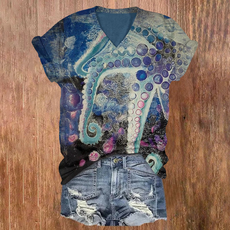 Retro Contrasting Octopus Tentacles Print T-shirt - Multicolor - 5XL - image 1