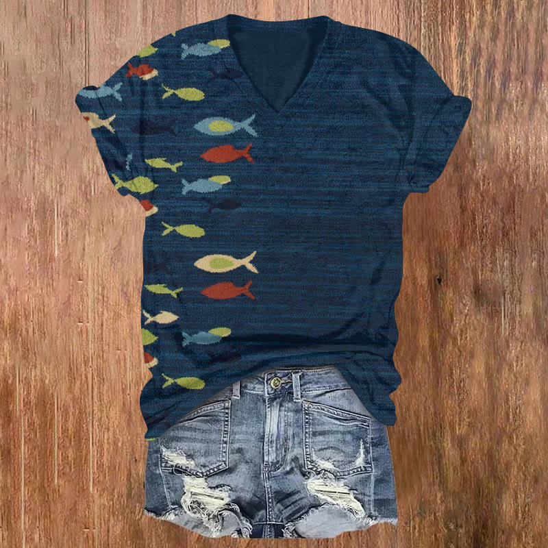 Vintage Contrasting Fish Print T-shirt - Blue - 5XL - image 1