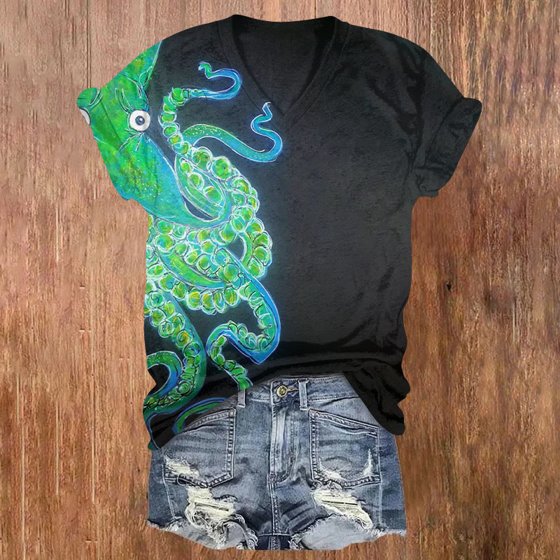 Creative Contrast Color Octopus Print T-shirt - Black - 5XL - image 1