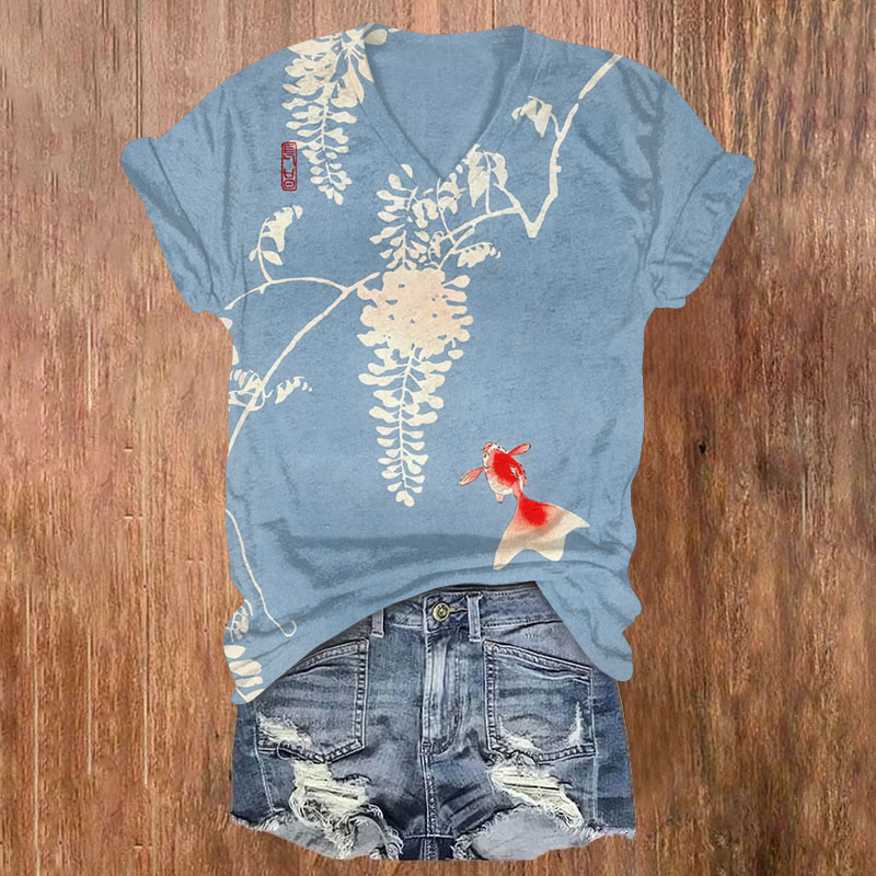 Japanese Koi Art Print T-Shirt - Blue - 5XL - image 1