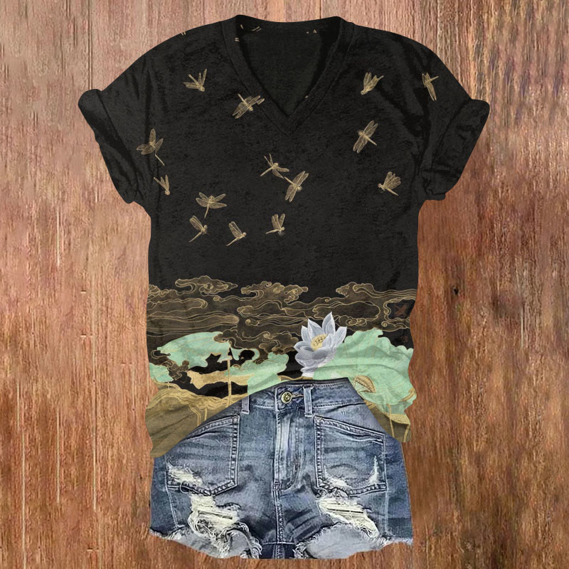 Japanese Dragonfly Art Print T-shirt - Black - 5XL - image 1