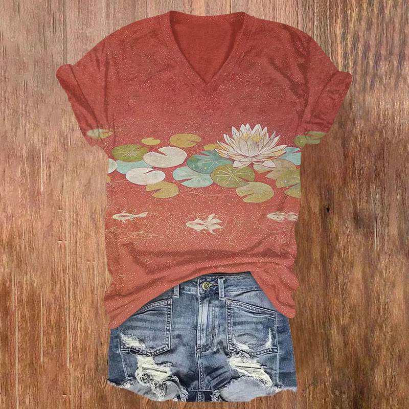 Japanese Style Goldfish And Lotus Art Print T-shirt - Red - 5XL - image 1
