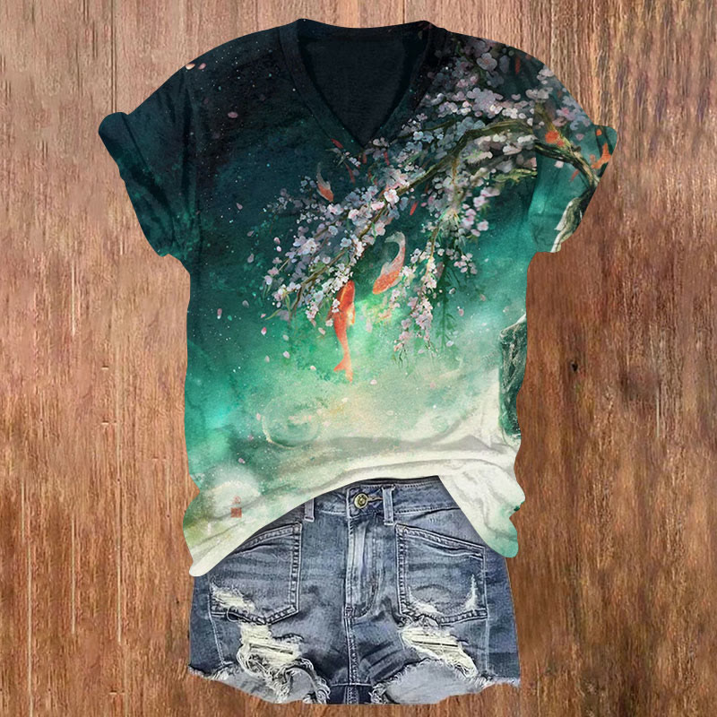 Japanese Style Goldfish Flowers Print T-shirt - Green - 5XL - image 1
