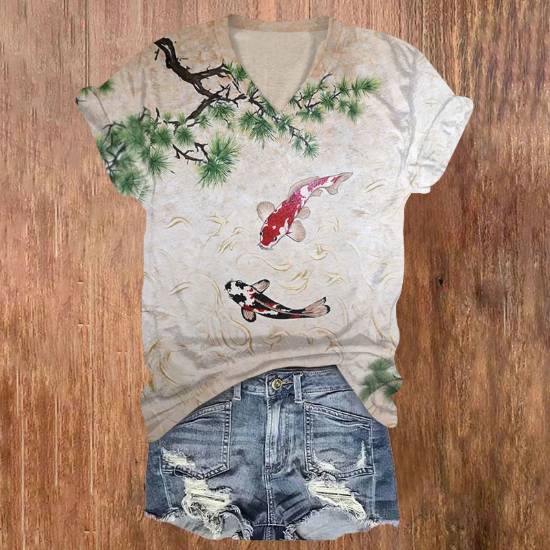 Japanese Style Goldfish And Pine Tree Art Print T-shirt - Multicolor - 5XL - image 1