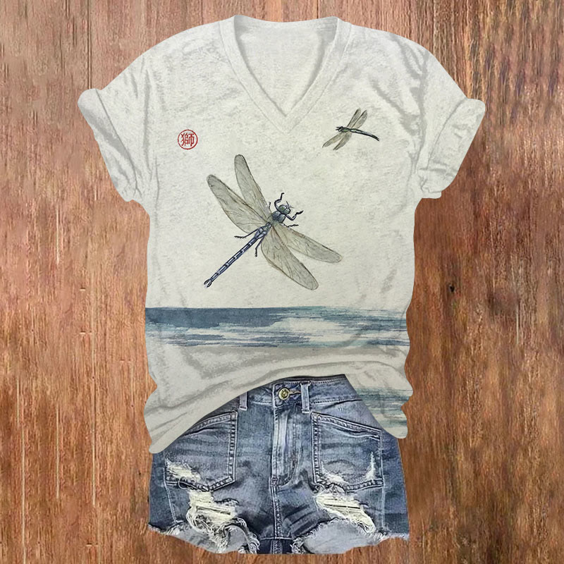 Japanese Dragonfly Art Print T-shirt - Beige - 5XL - image 1