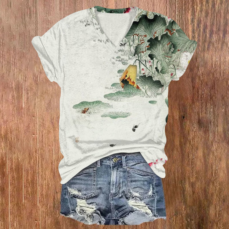 Japanese Lotus Pond Art Print T-shirt - White - 5XL - image 1