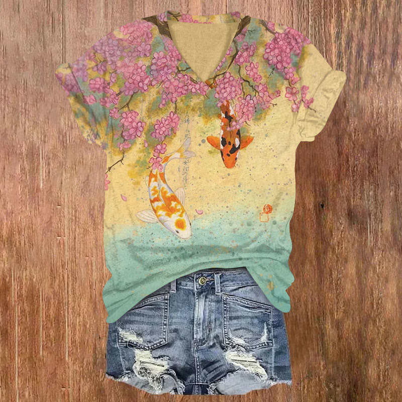 Japanese Koi Flower Art Print T-shirt - Multicolor - 5XL - image 1
