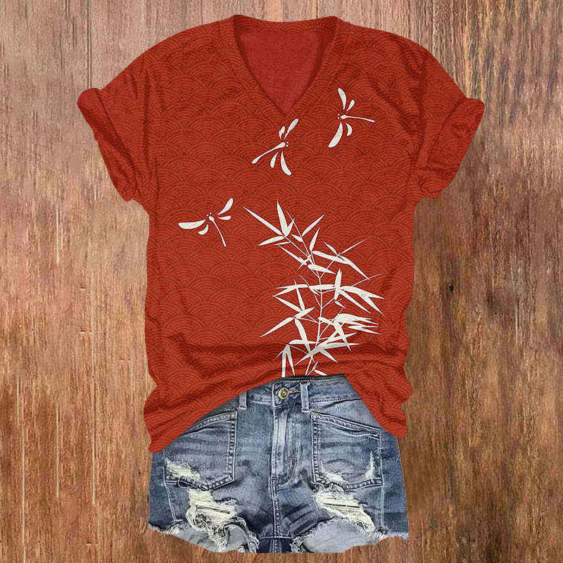 Japanese Dragonfly Art Print T-shirt - Red - 5XL - image 1