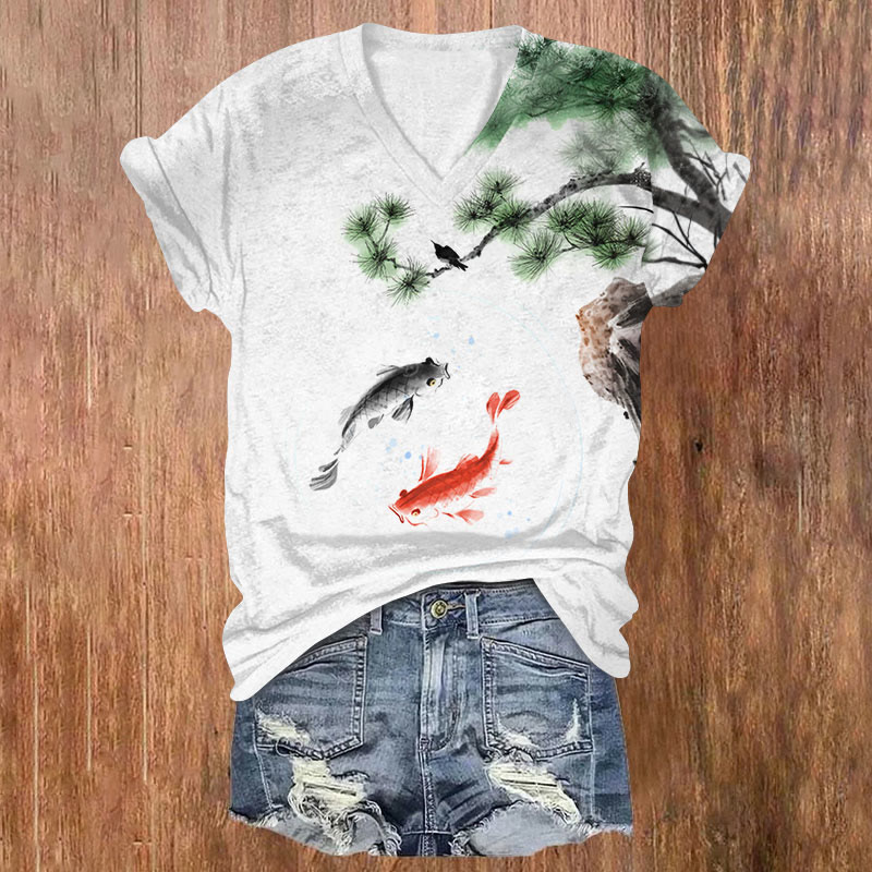 Japanese Koi Pine Tree Art Print T-shirt - White - 5XL - image 1