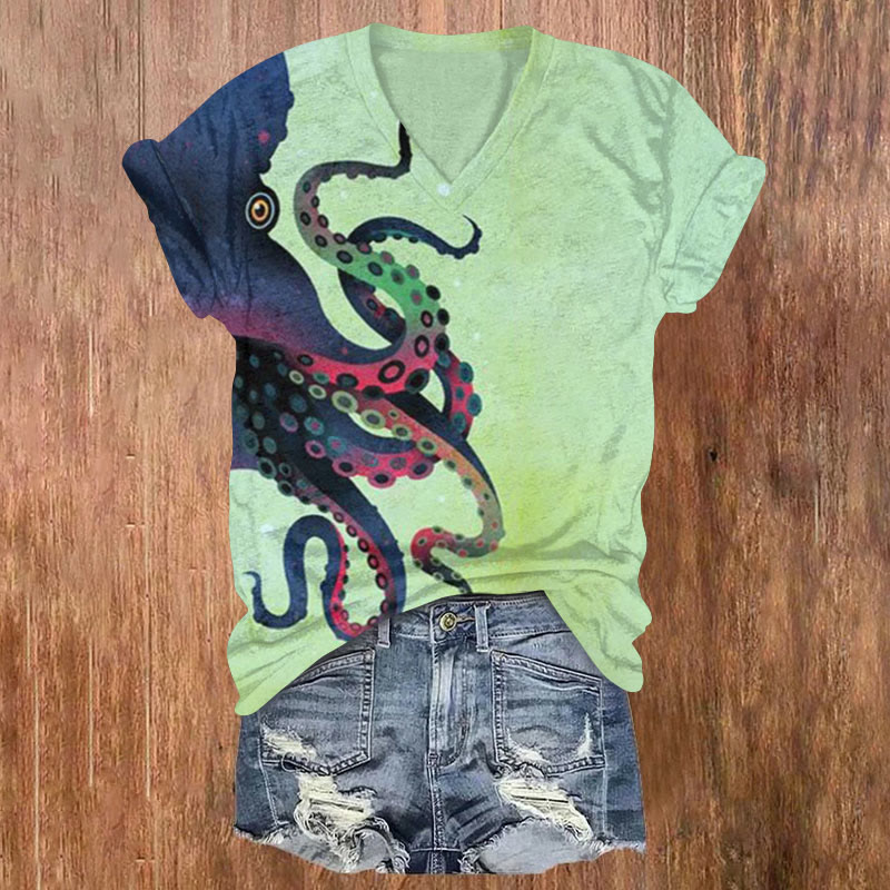 Apanese Octopus Art Print T-shirt - Green - 5XL - image 1