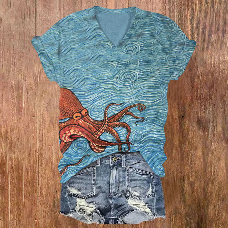 Japanese Octopus Wave Art Print T-shirt - Blue - 5XL - image 1