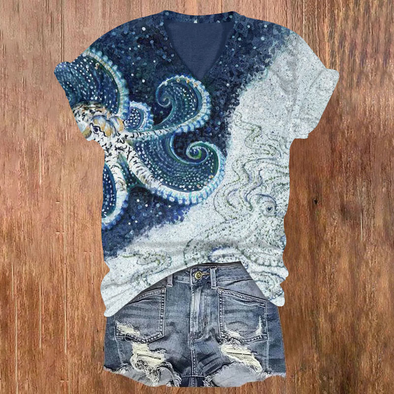Japanese Octopus Art Print T-shirt - Blue - 5XL - image 1