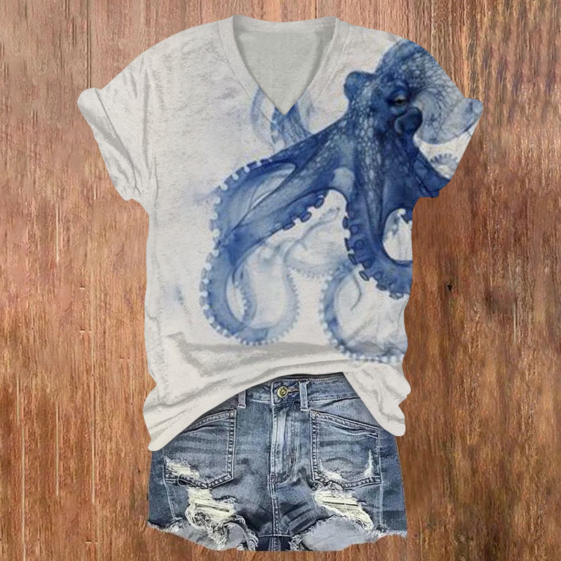 Japanese Octopus Gradient Art Print T-shirt - White - 5XL - image 1