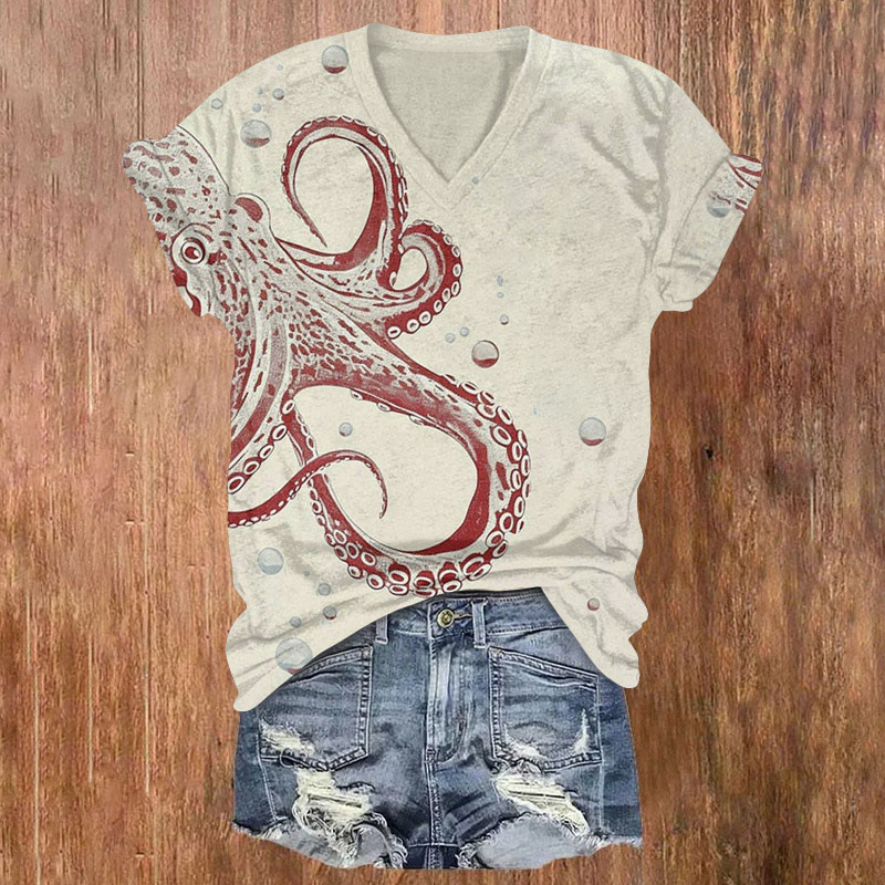 Japanese Octopus Art Print T-shirt - Beige - 5XL - image 1