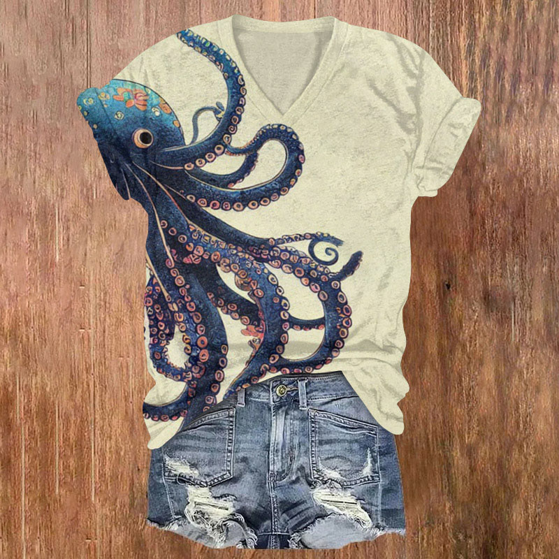 Japanese Octopus Art Print T-shirt - Apricot - 5XL - image 1