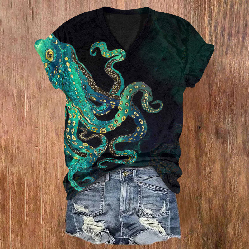 Japanese Octopus Art Print T-shirt - Dark Green - 5XL - image 1