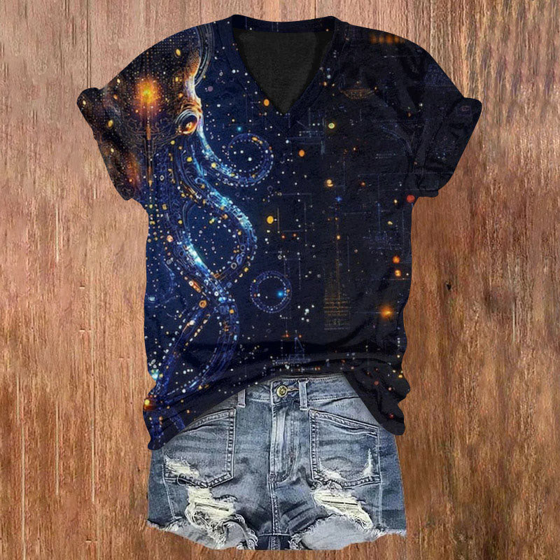 Japanese Octopus Starry Sky Art Print T-shirt - Dark Blue - 5XL - image 1