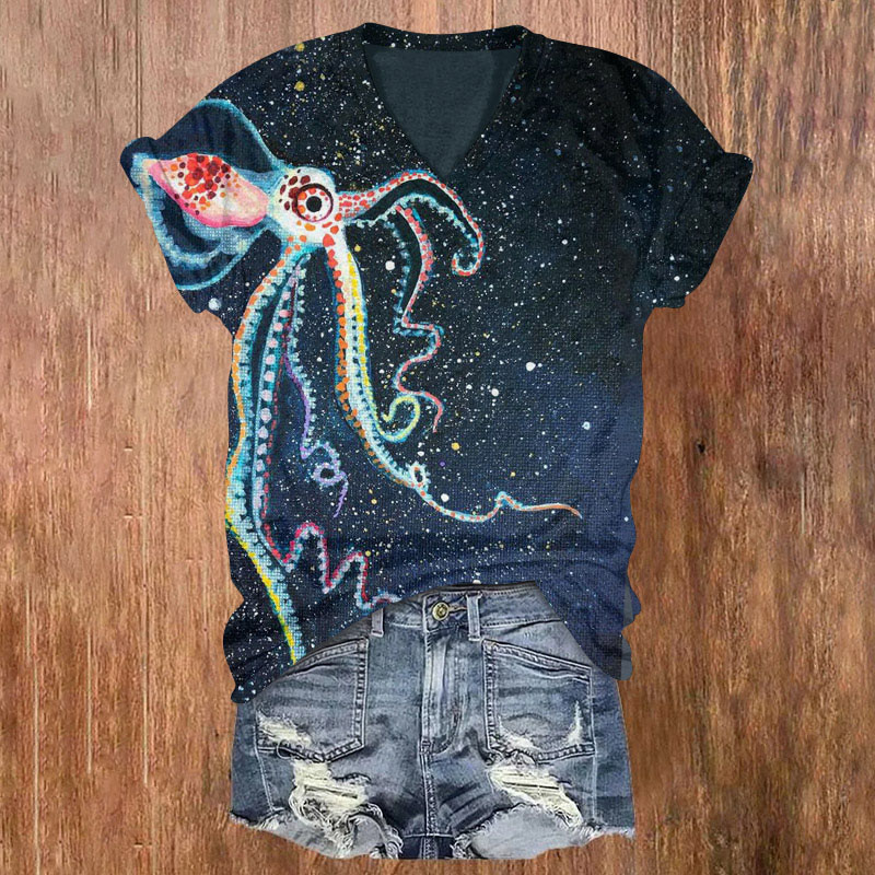 Oil Painting Octopus Art Print T-shirt - Dark Blue - 5XL - image 1