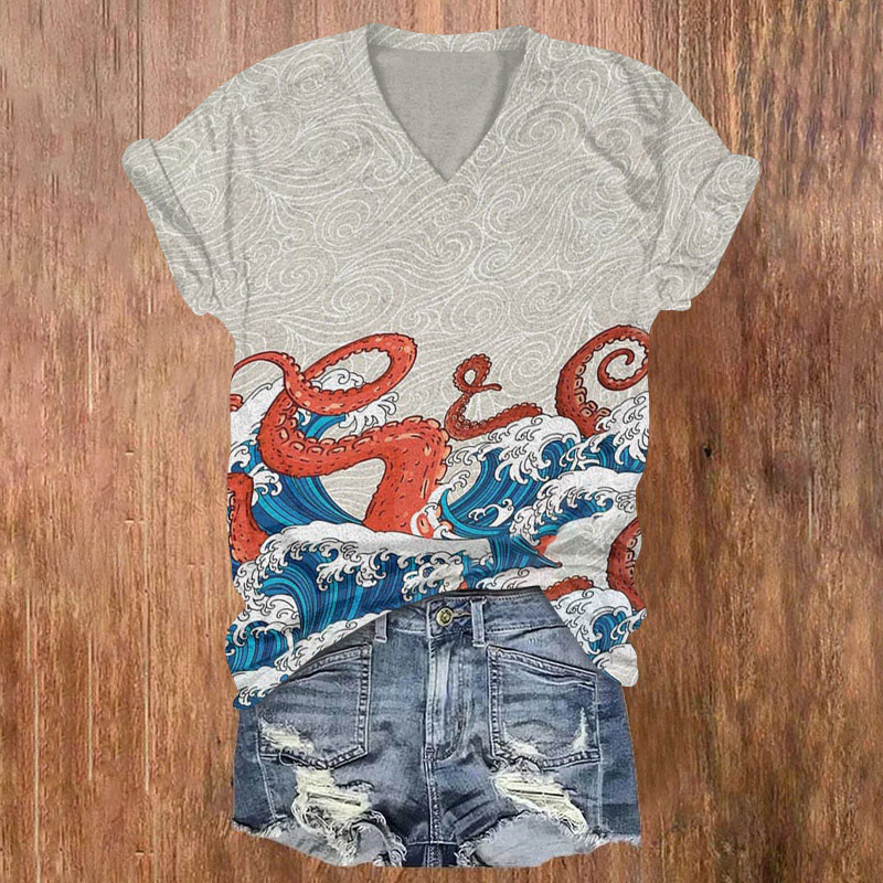 Japanese Octopus Wave Art Print T-shirt - Khaki - 5XL - image 1