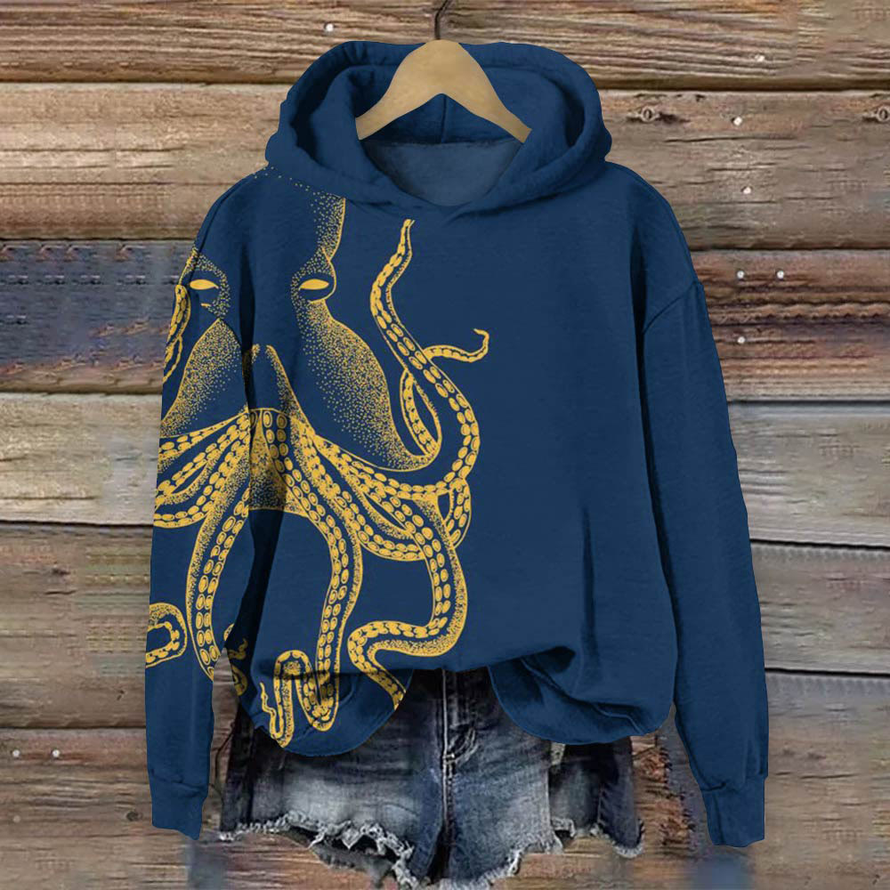 Vintage Octopus Art Print Long Sleeve Hoodie - Blue - 8XL - image 1