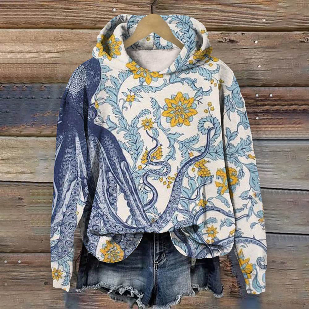 Vintage Octopus Floral Art Print Long Sleeve Hoodie - Blue - 8XL - image 1